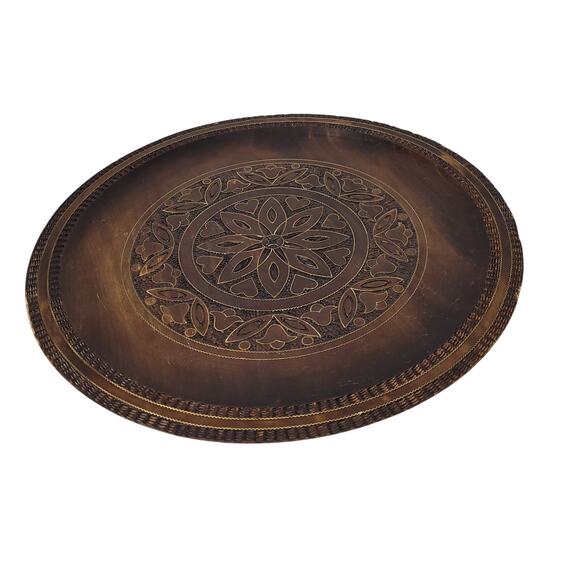 Vintage Polish Folklore Hand-Carved 11.75" Wooden Plate w/ Brass Wire Inlay Rare - Picture 2 of 9